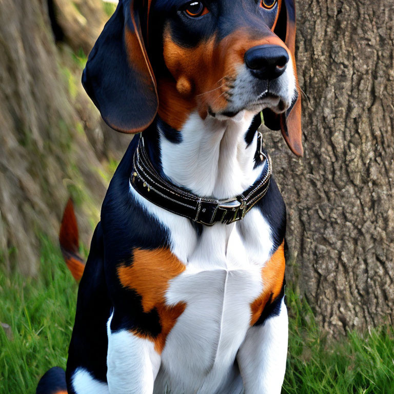 Tricolor Beagle Sitting by Tree with Black Studded Collar