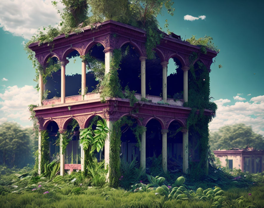 Abandoned building with classical pillars overrun by greenery