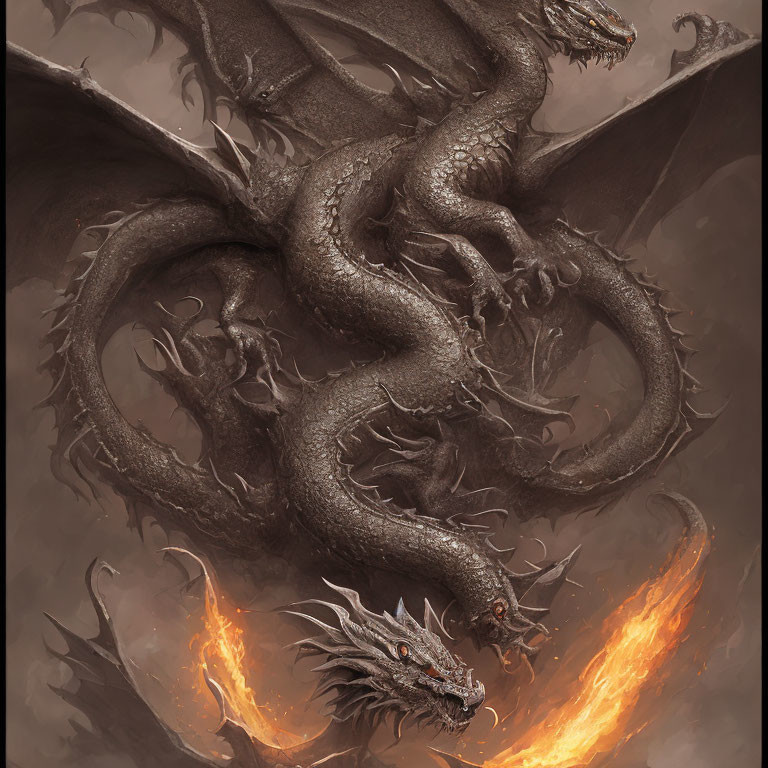 Multi-headed dragon breathing fire in swirling smoke and embers