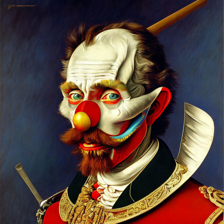 Detailed surreal painting of person in clown makeup with red nose and colorful face paint, wearing military jacket.