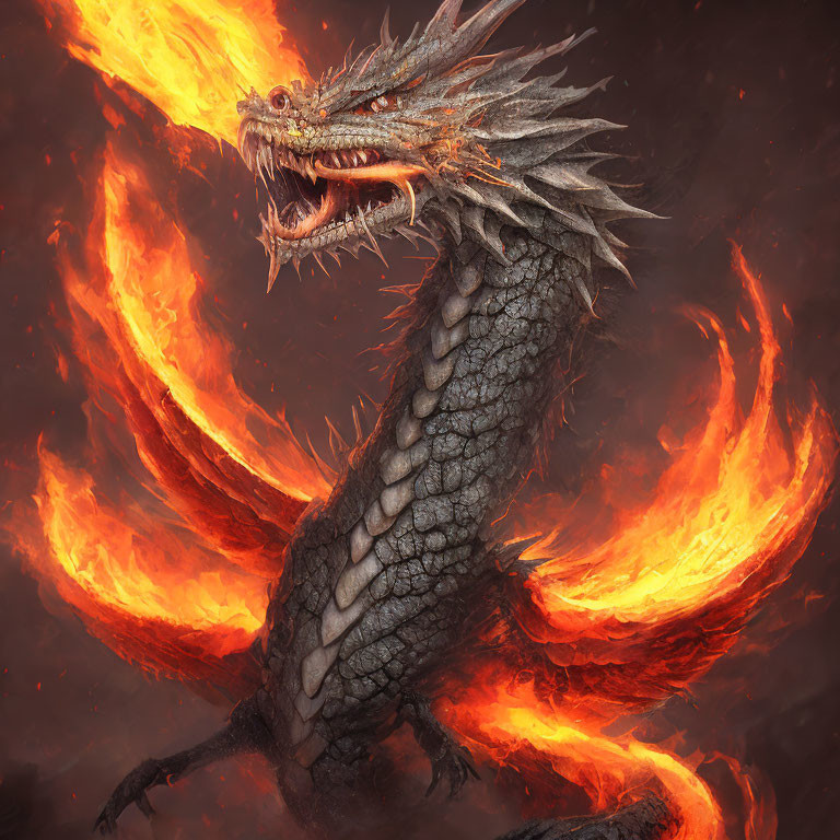 Majestic dragon with scales and fiery wings in roaring flames