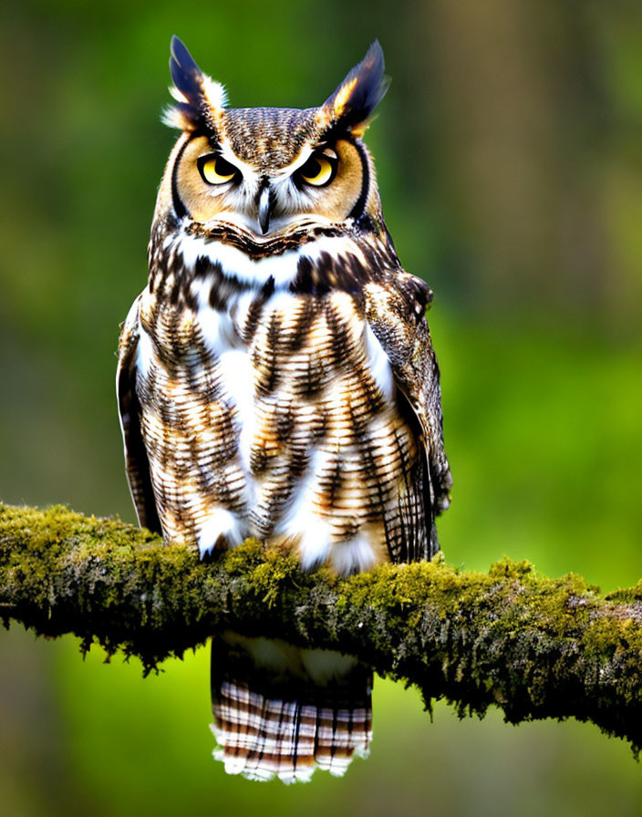 Great Horned Owl perched on mossy branch with ear tufts