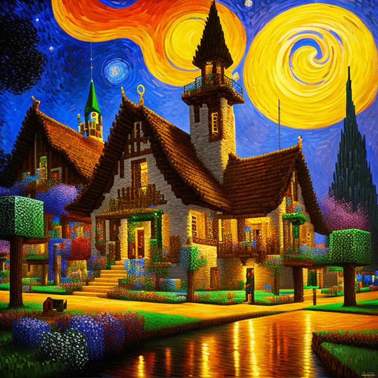 Colorful painting of cottage under starry sky with gardens, path, and church spire