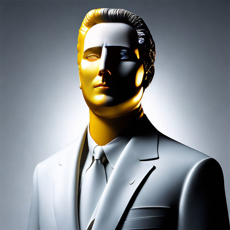 Male figure with half-human, half-golden robotic face in gray suit on gradient background