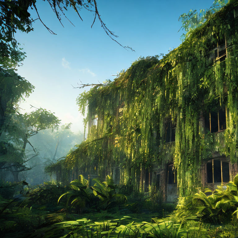 Abandoned building in lush forest with thick vines and foliage