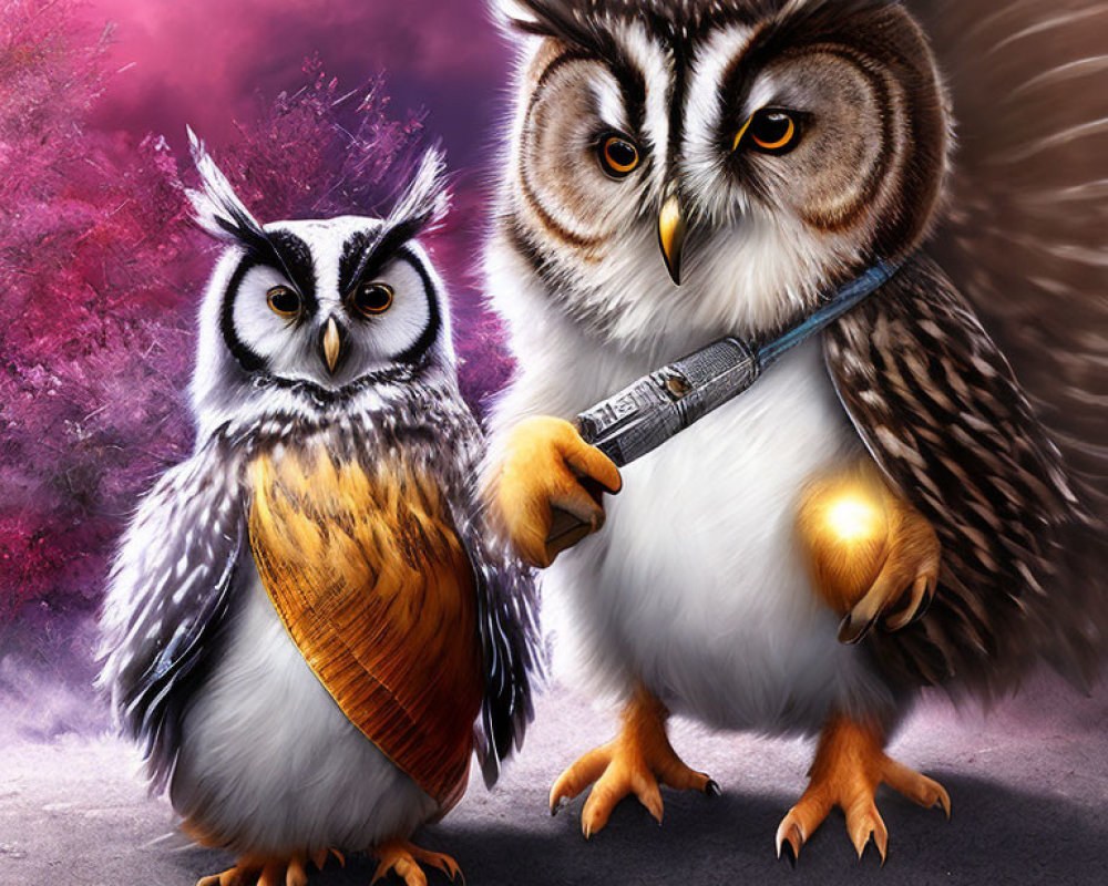 Illustrated Owls with Wand in Mystical Setting