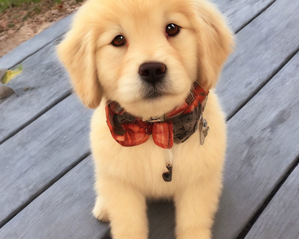 Golden retriever puppy with red bandana and bell on collar sitting on wooden surface