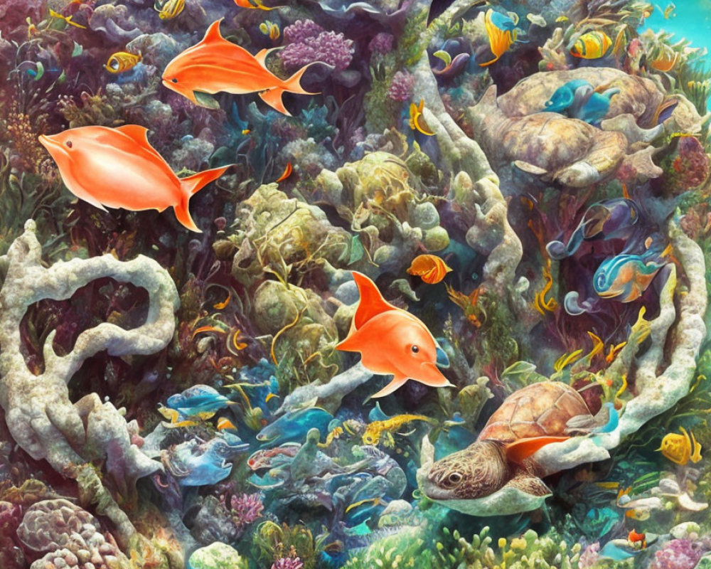 Colorful Underwater Scene with Sea Turtle, Fish, and Coral Reef