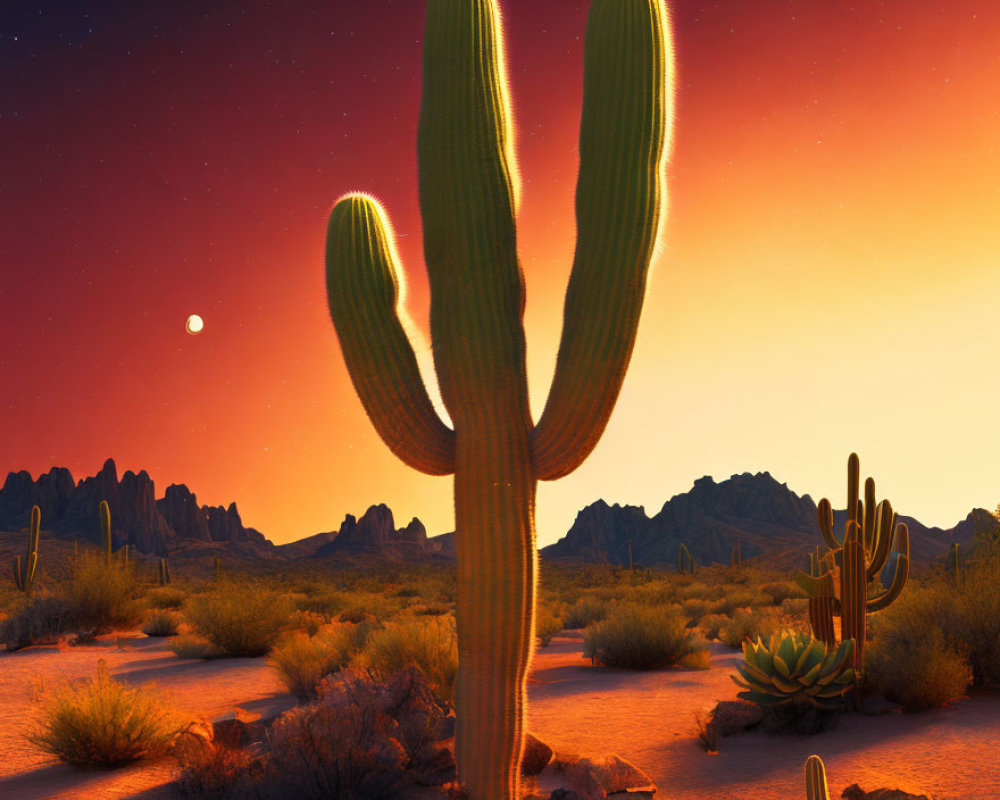 Twilight desert landscape with saguaro cactus and moon