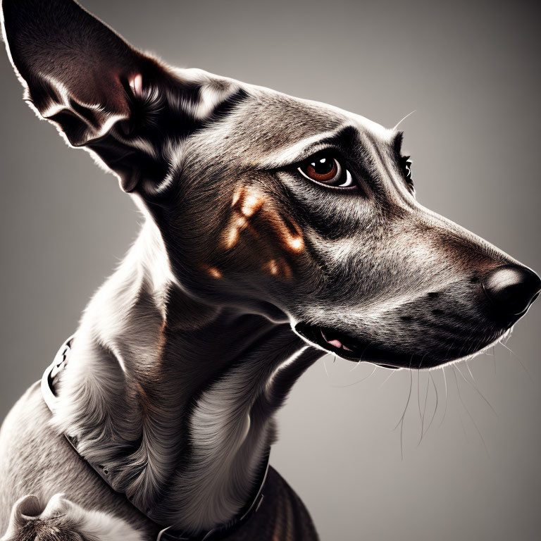 Sleek greyhound with glossy coat and alert eyes on neutral background