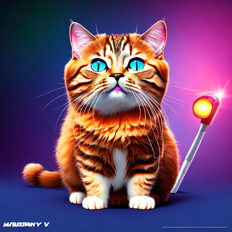 Colorful Cat with Blue Eyes and Magical Wand on Gradient Background