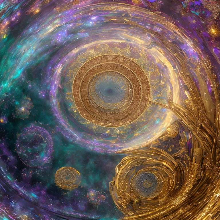 Swirling galaxies and celestial bodies in a cosmic scene