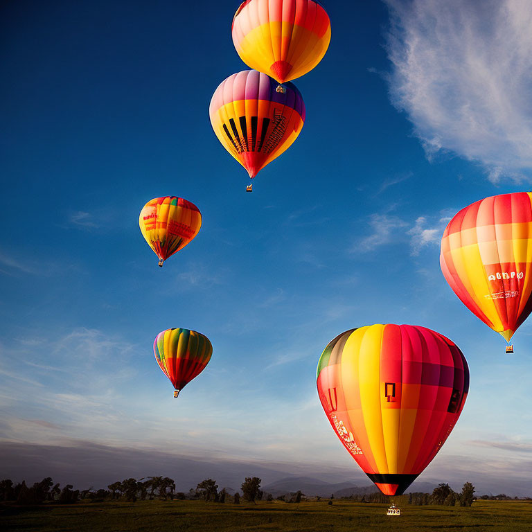 Vibrant hot air balloons over green landscape at dawn or dusk