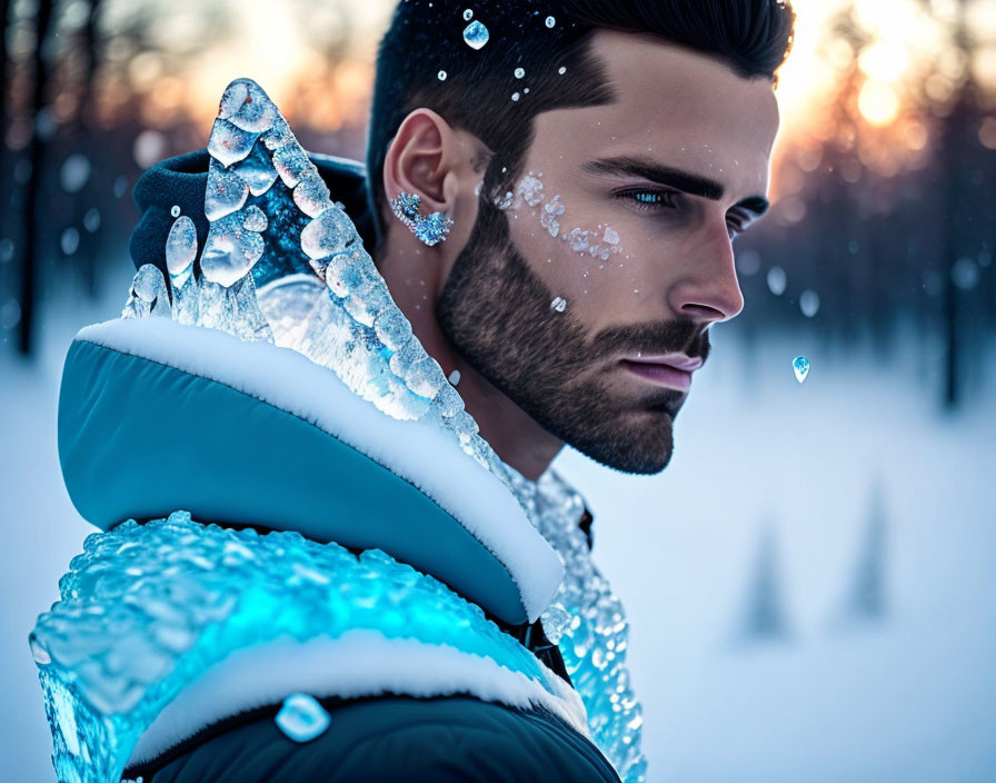 Man with Crystalline Adornments in Snowy Forest