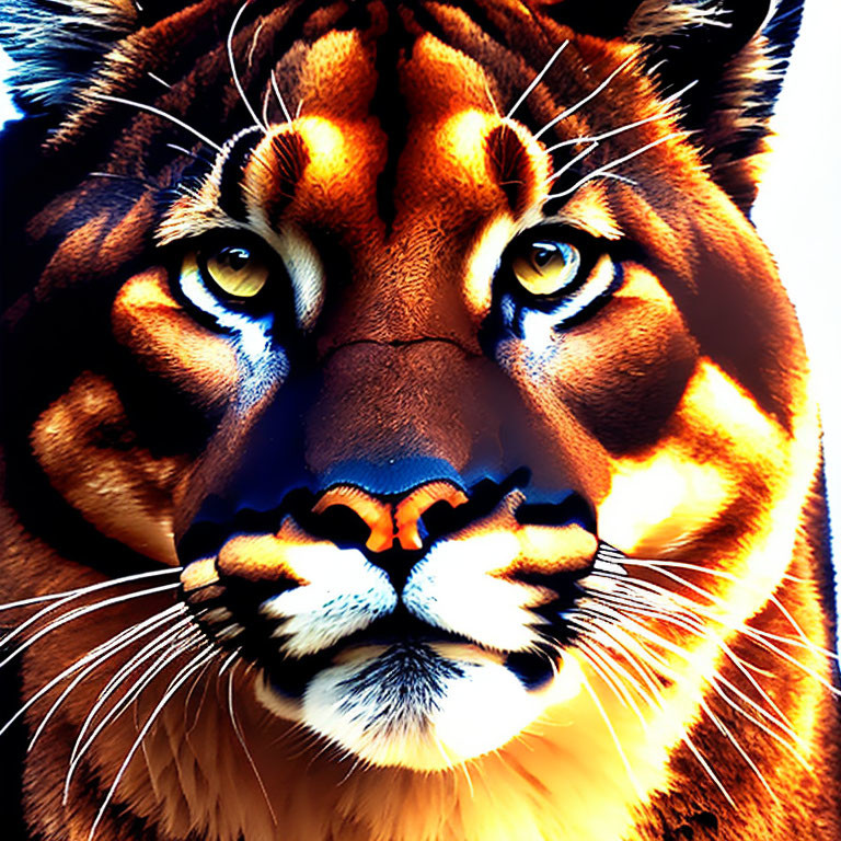 Detailed Tiger Face Digital Art with Blue Eyes & Colorful Fur