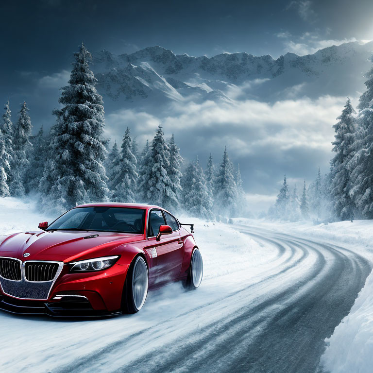 Red sports car powersliding on snowy mountain road with pine trees and misty peaks