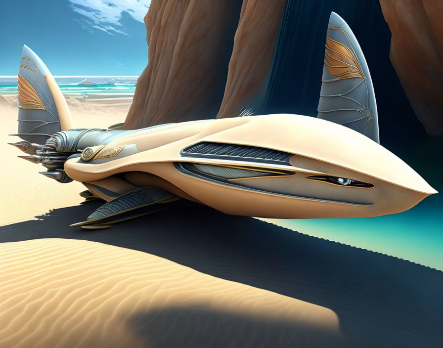 Futuristic sand-colored spaceship-like vehicle in desert landscape