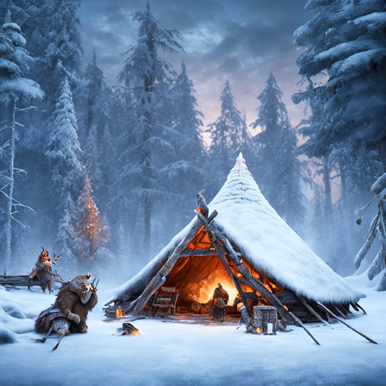 Snow-covered traditional tent with figures and pine trees in frosty scene