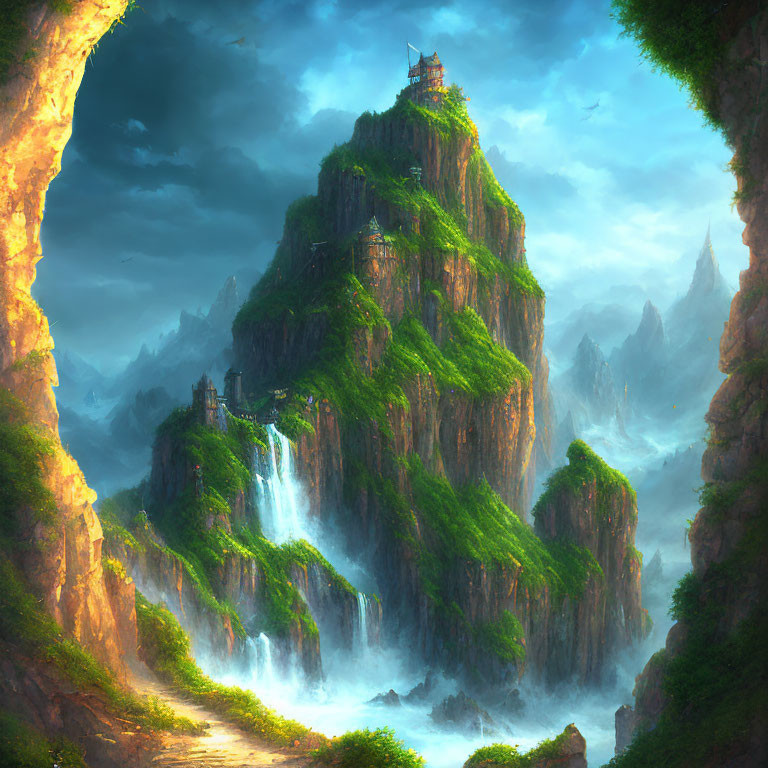 Majestic fantasy landscape with towering mountain, waterfalls, castle, mist, and rugged peaks