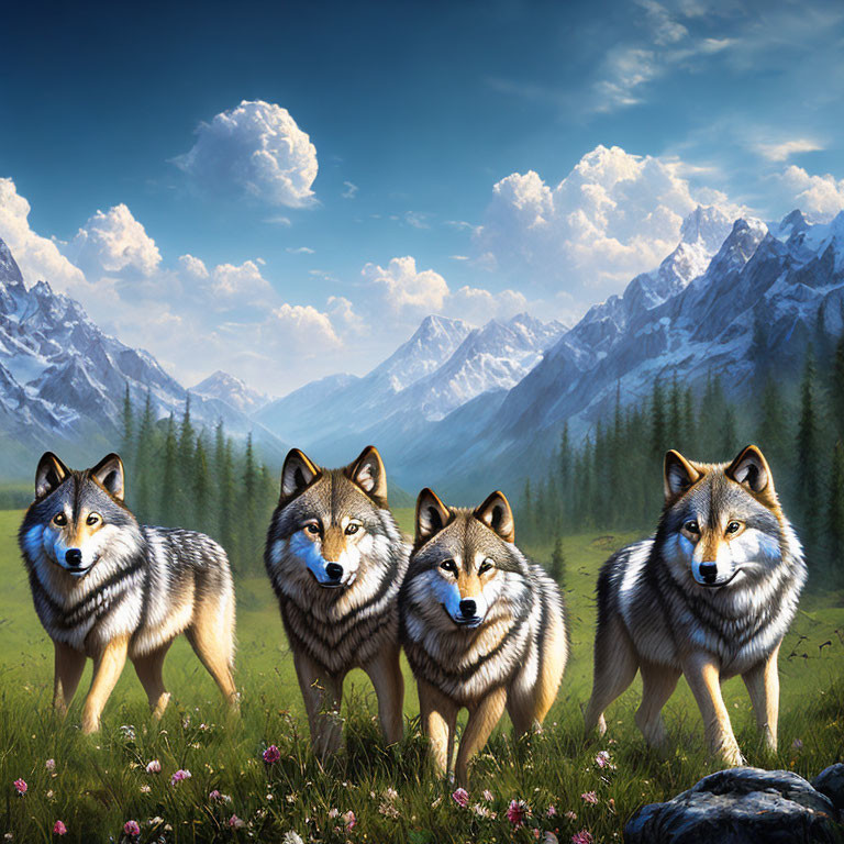 Four wolves in meadow with mountains under clear blue sky