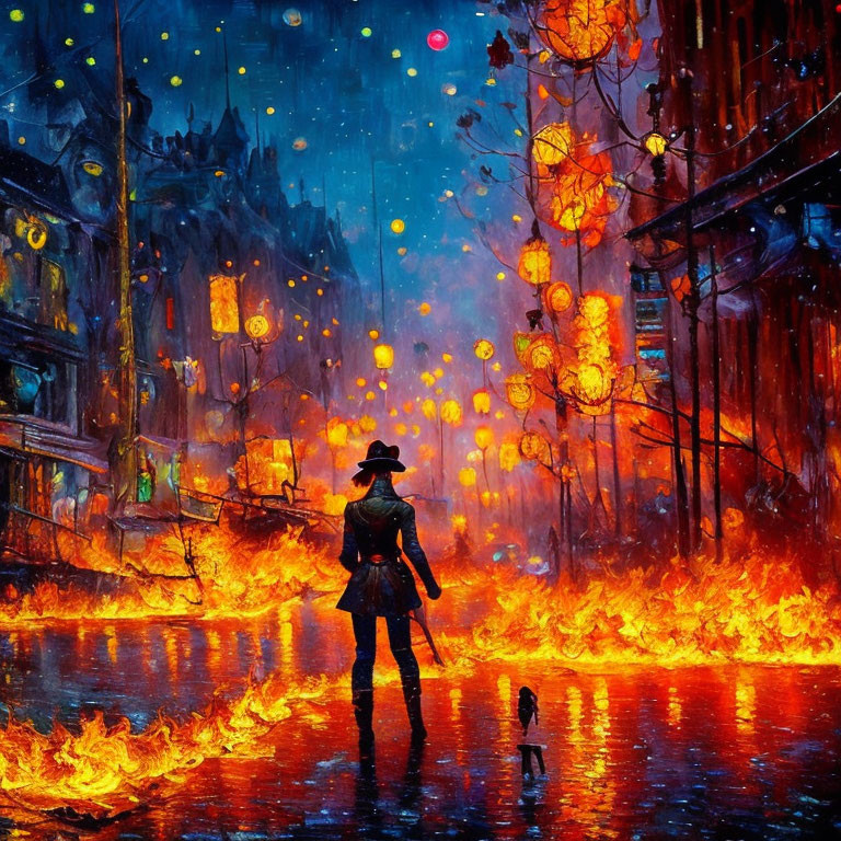 Person in hat on vibrant fiery street under starry snowing sky