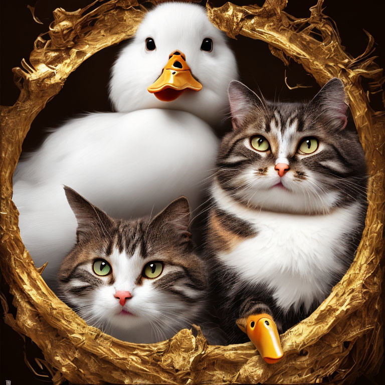 Two Cats and Duck in Ornate Frame on Dark Background