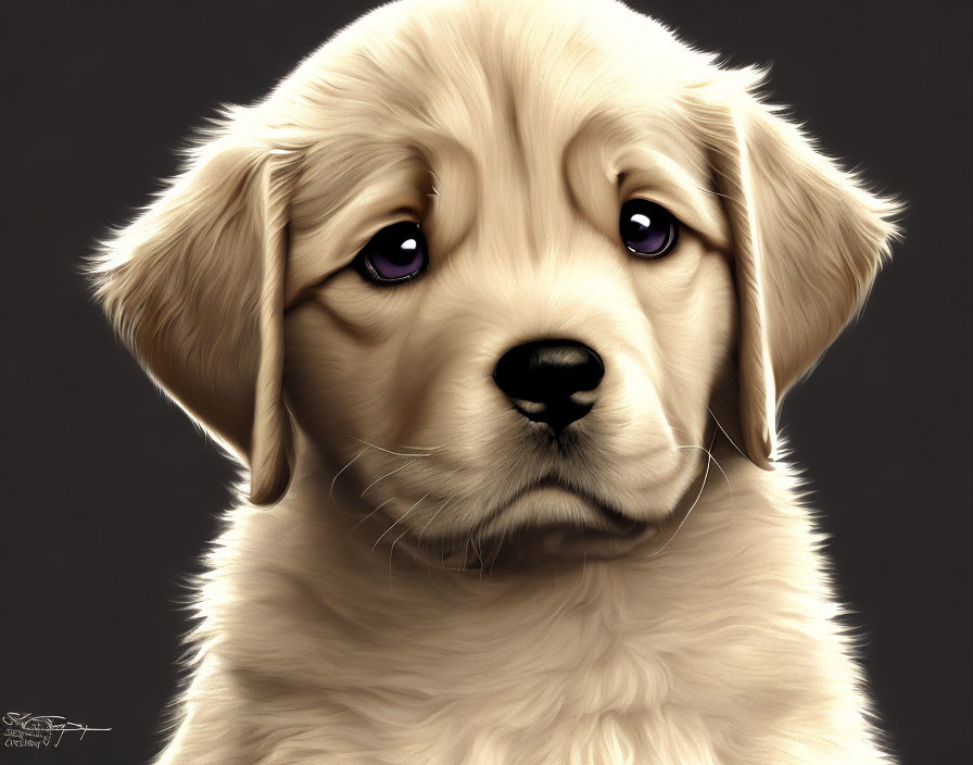 Detailed Digital Artwork: Golden Retriever Puppy with Purple Eyes on Dark Background