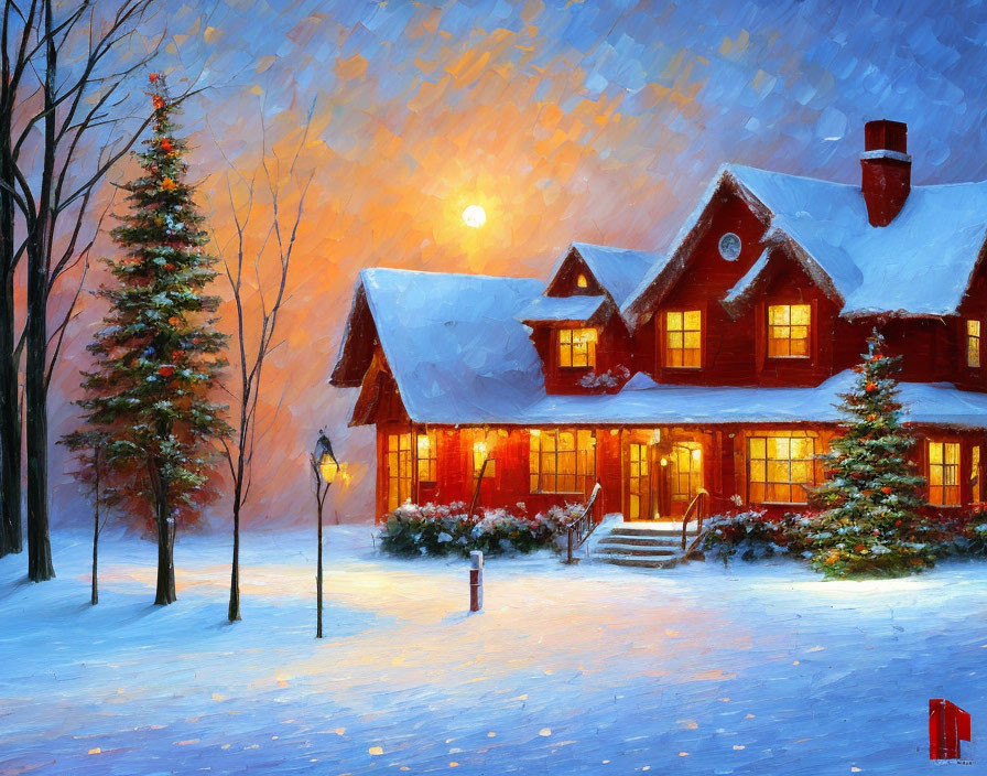 Snow-covered house with glowing windows in twilight scene