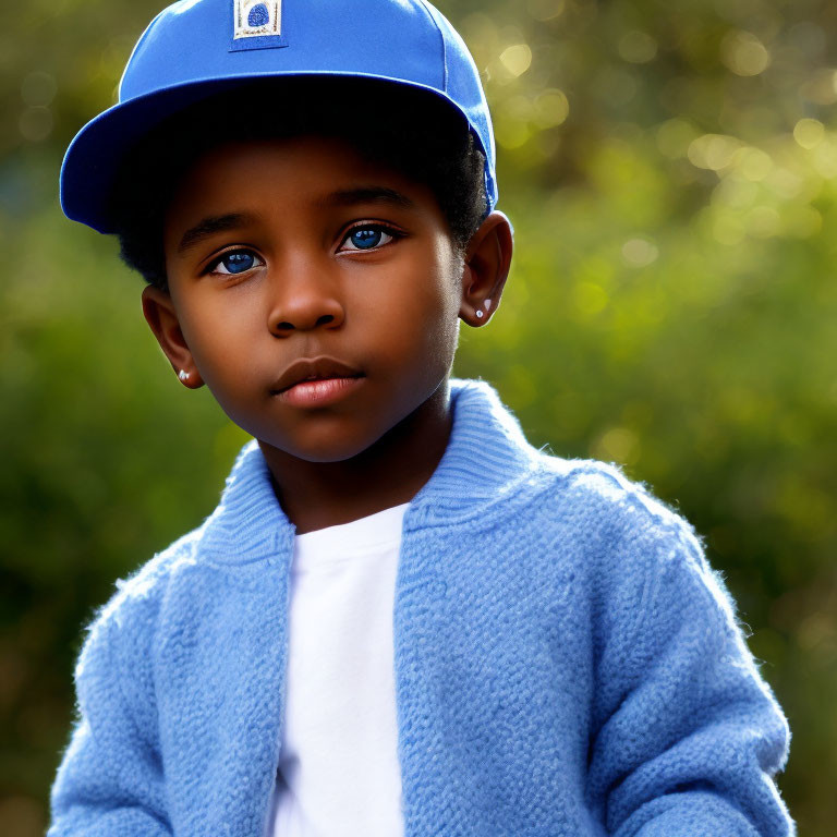 Child with ear piercings in blue cap and sweater gazing into the distance