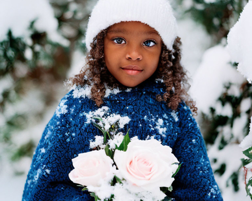 Child in Blue Sweater Holding Snow-Covered Roses in Snowy Scene