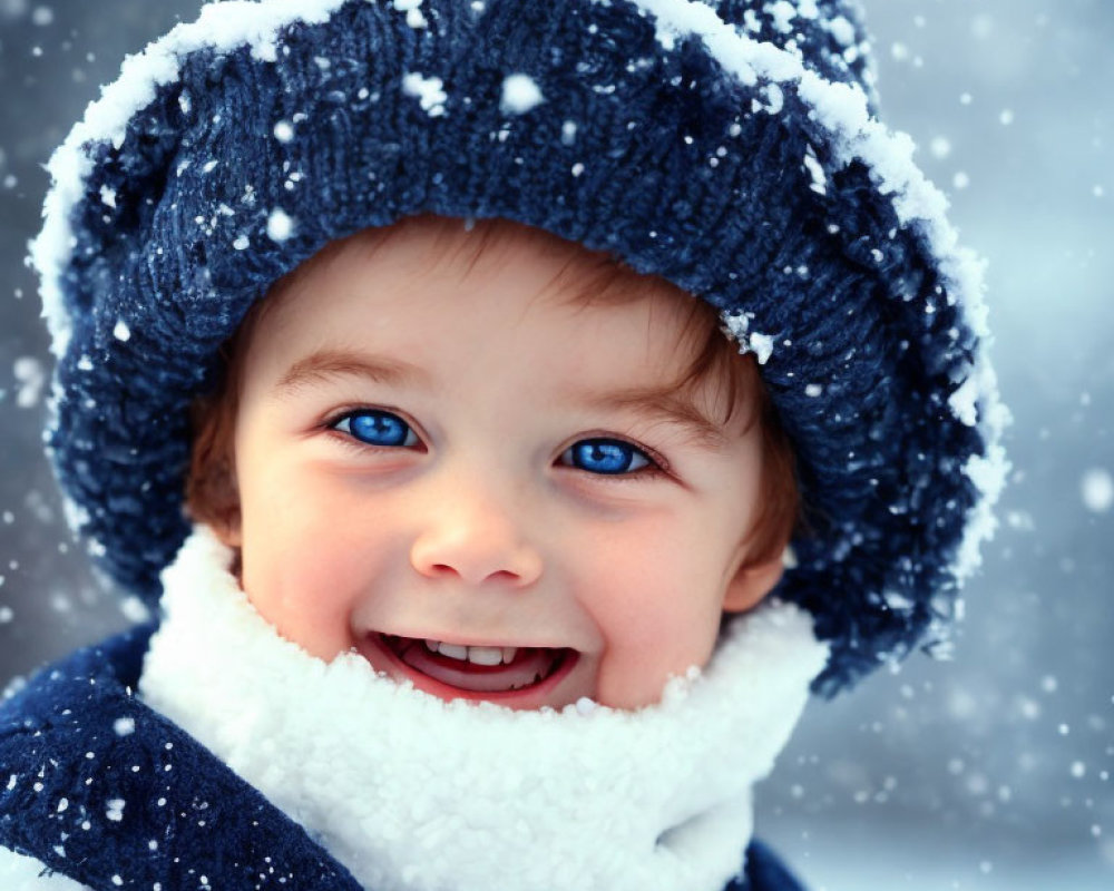 Blue-eyed toddler in snow-dusted winter attire enjoying snowfall