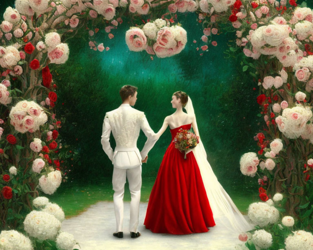 Wedding couple under lush rose arch in white and red attire