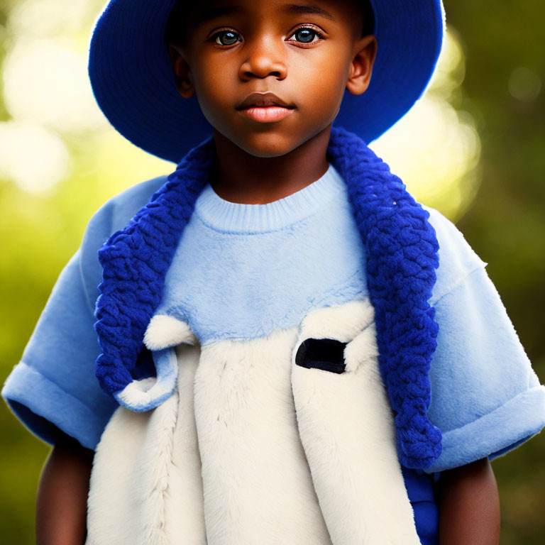 Child with Striking Eyes in Blue Hat and Sweater with White and Blue Vest