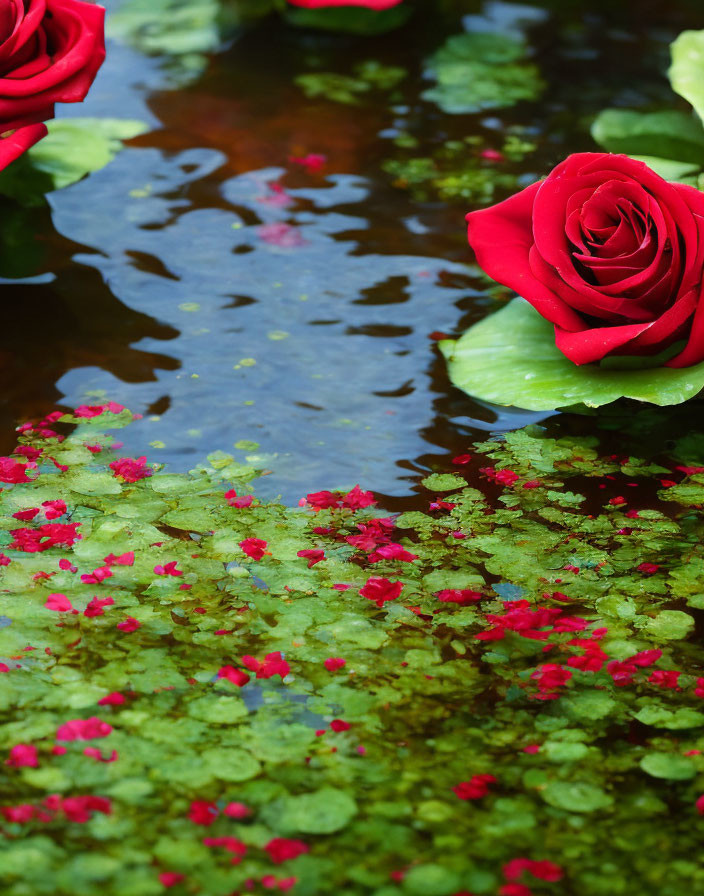 Red Roses Floating on Pond with Green Leaves and Aquatic Plants