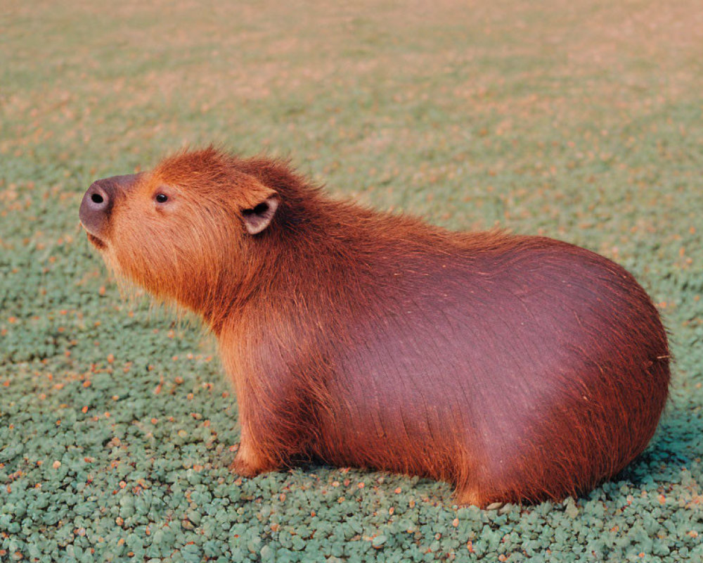 Curious capybara on grass with shiny brown fur