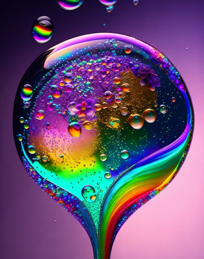 Abstract digital artwork: Vibrant droplet shape with flowers and rainbow swirl