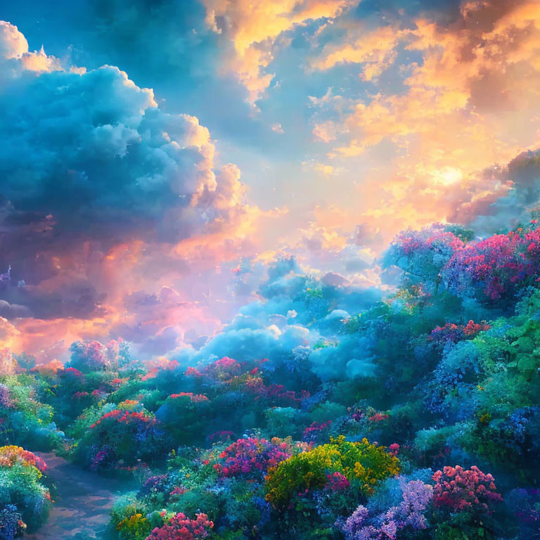 Lush flowering landscape under dreamy colorful sky