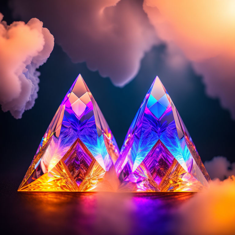 Luminous crystal pyramids in colorful sky scene