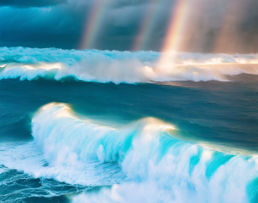 Double rainbow over turbulent ocean waves with dramatic sunlight and shadow.