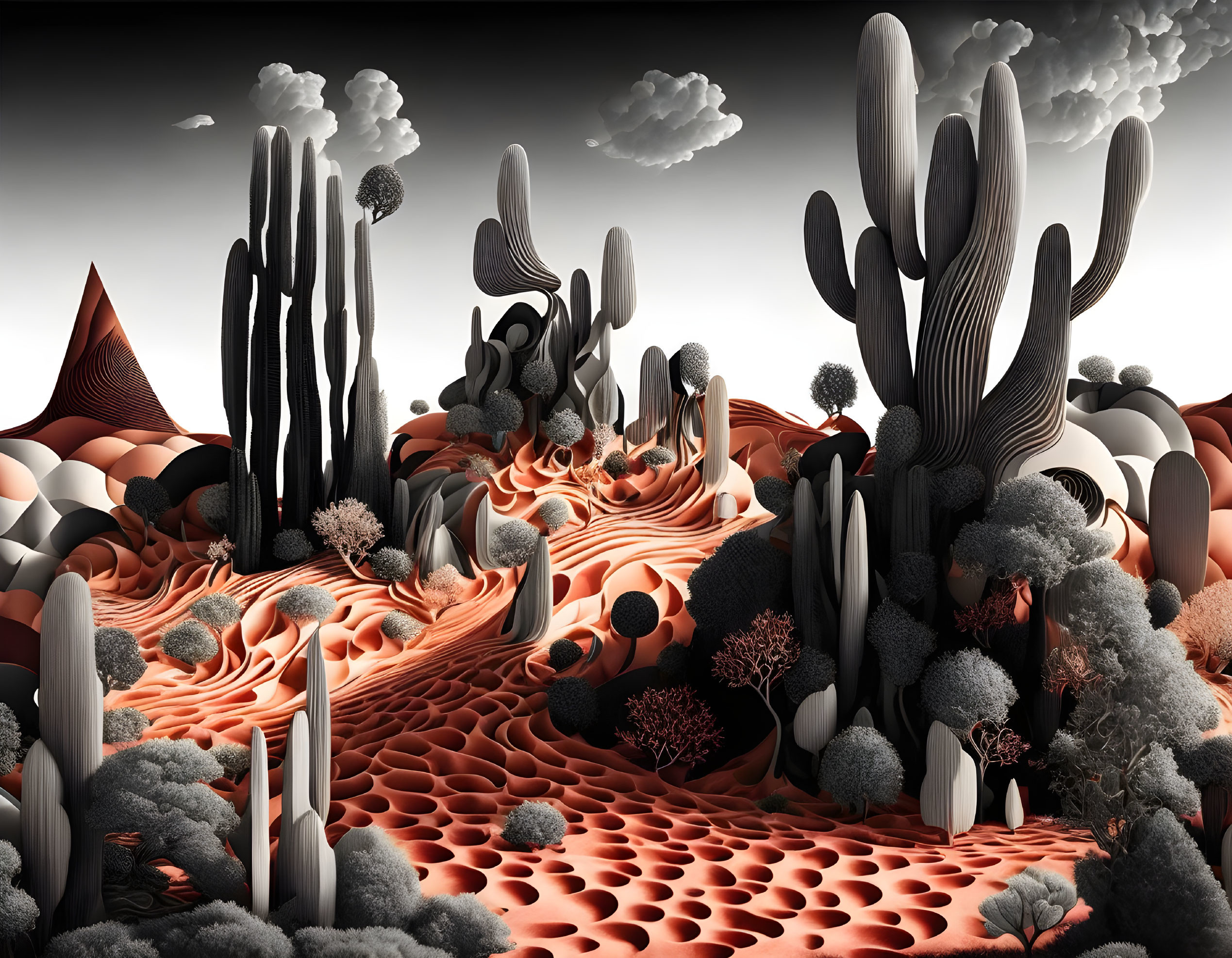 Monochrome surreal landscape with stylized cacti and tree-like forms