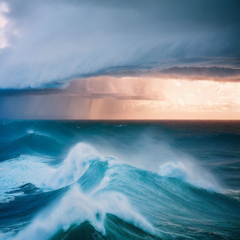 Dramatic ocean scene: towering waves, stormy sky, dark clouds, sunlight rays