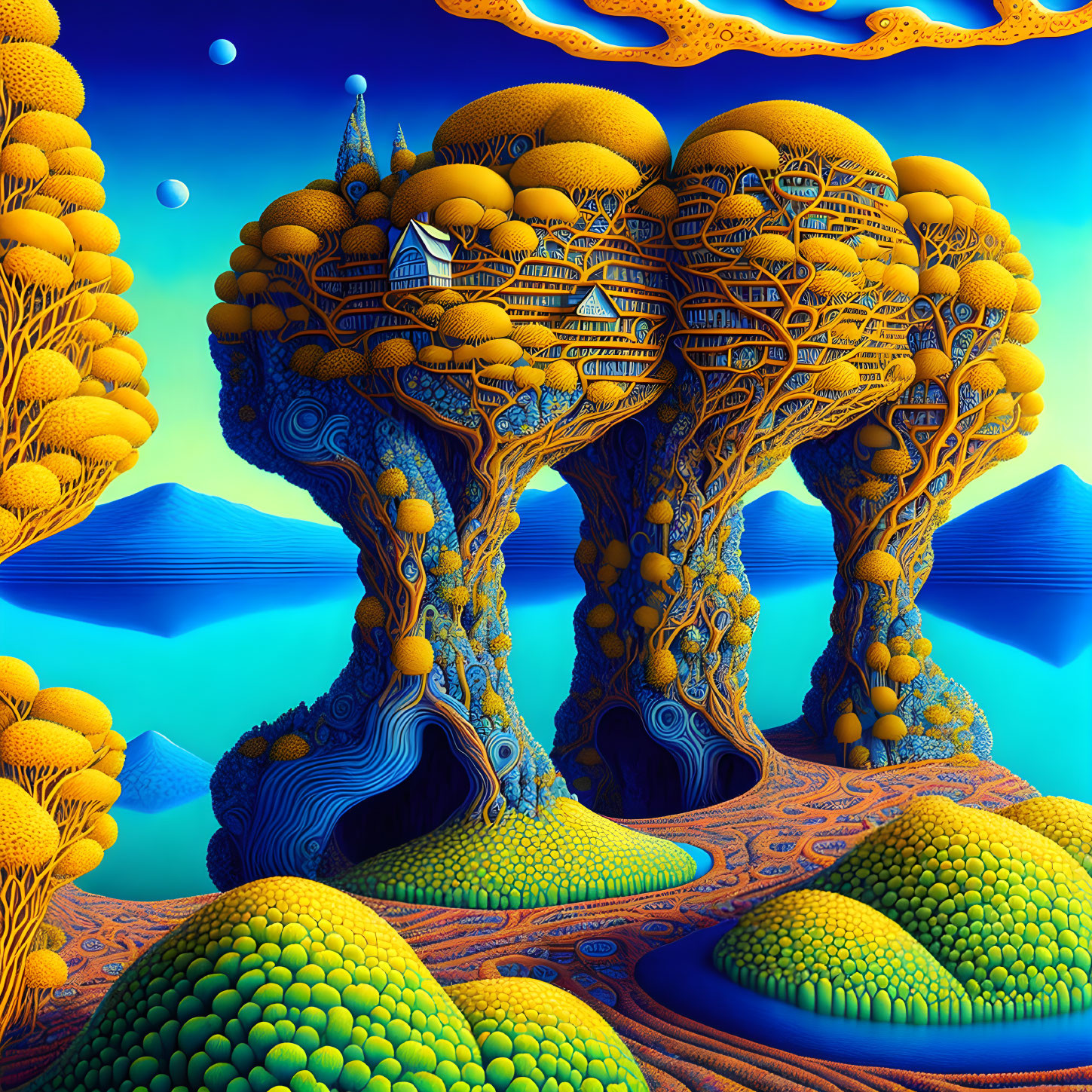 Vibrant orange fractal trees in surreal landscape