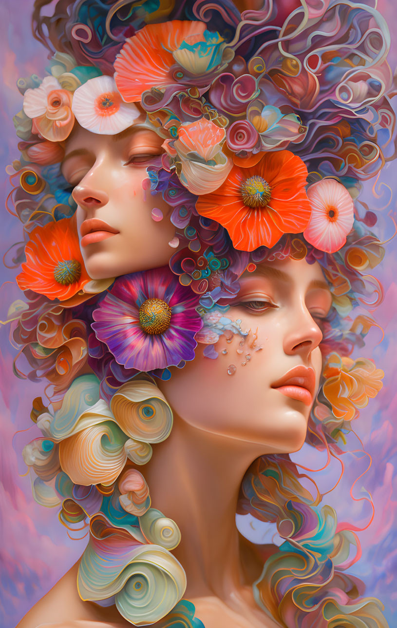 Vibrant digital art: Two women with flower-adorned hair on pastel backdrop