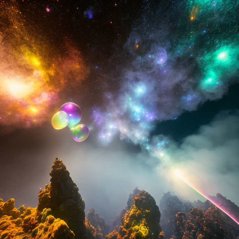 Colorful cosmic scene with iridescent bubbles, nebulae, stars, and rainbow beam.