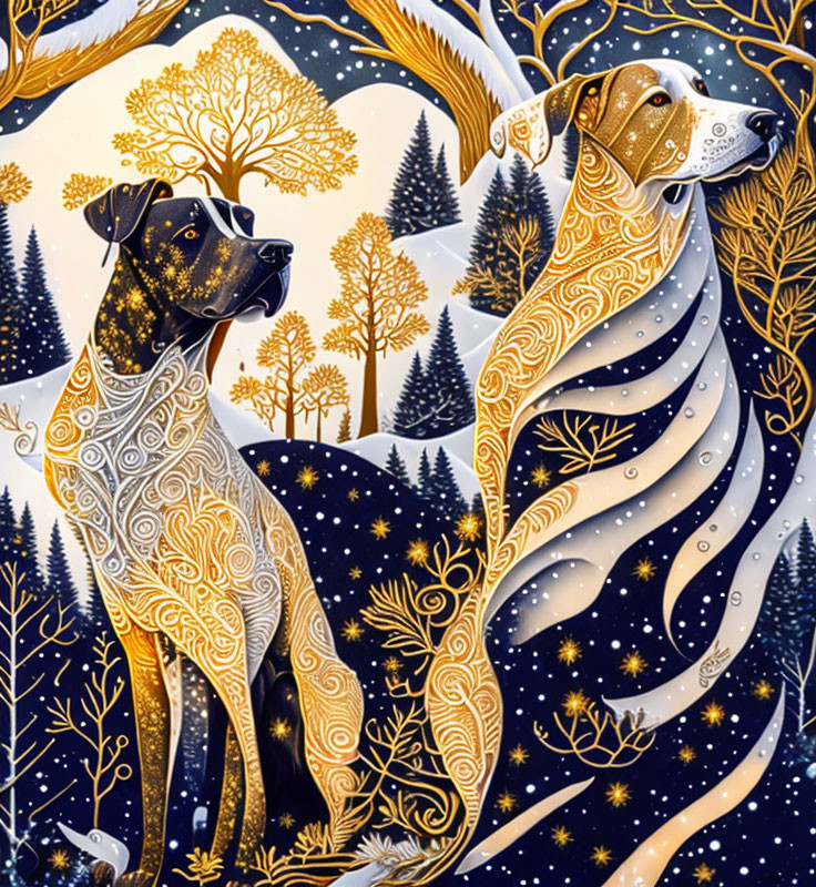 Illustration of two dogs with gold patterns on whimsical night sky backdrop.