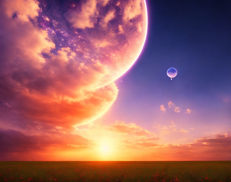 Surreal landscape with two moons in vibrant purple sky