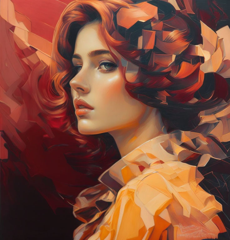 Geometric style artwork of woman with flowing red hair