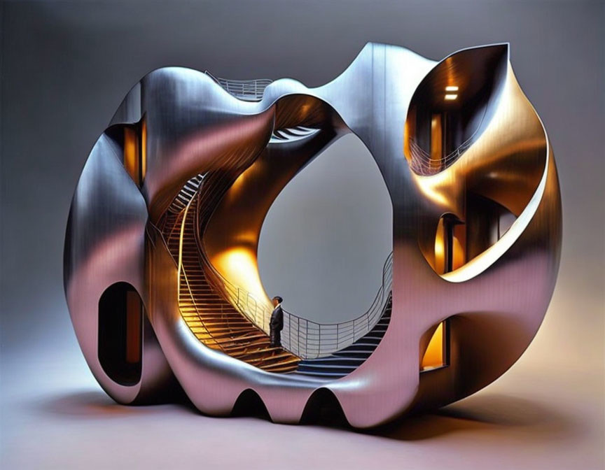 Metallic Möbius Strip Structure with Illuminated Staircases and Figure