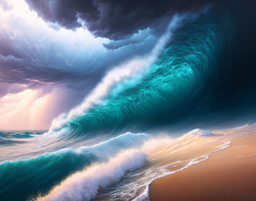 Towering wave under stormy sky with lightning and sunlight on shore