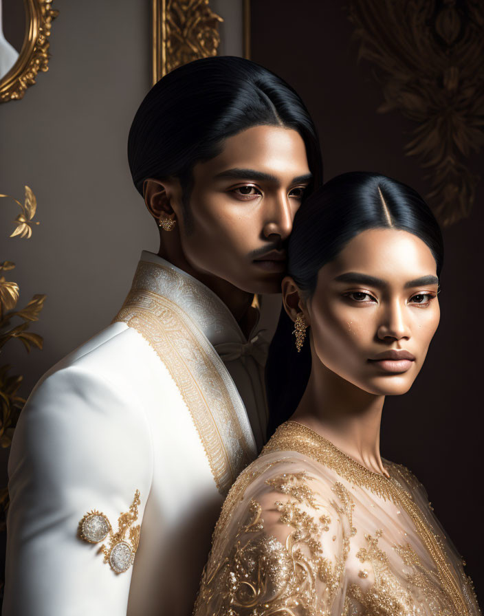 Elegant formal attire on two individuals against a gold ornate backdrop